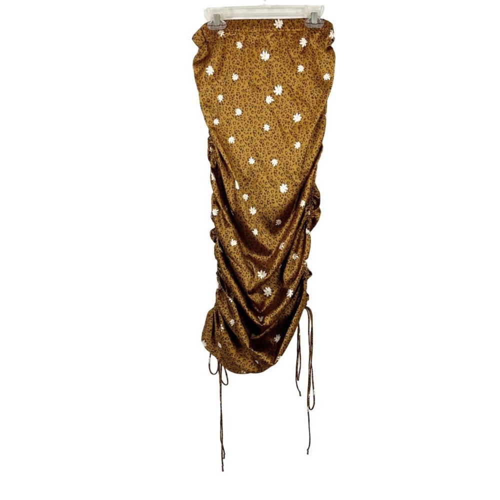 For Love & Lemons Tawney Midi Skirt Brown Leopard Floral Satin Ruched - Size XS